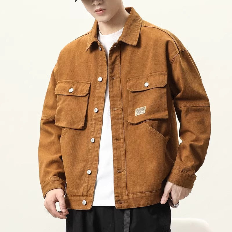 Denim Jackets Men Single Breasted Coat Cardigan Jacket Turn Down Collar Outerwear Long Sleeve Pockets Button Loose Casual