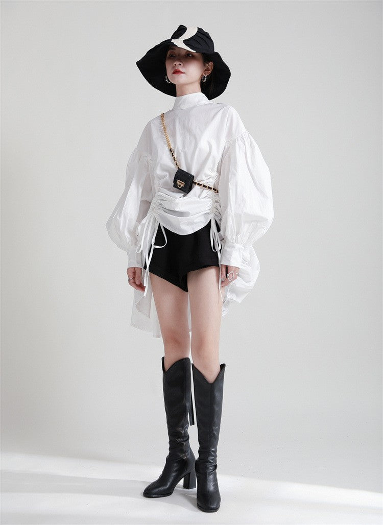 2025 Women Irregular Drawstring Big Size White Blouse New Stand Collar Long Sleeve Shirt Fashion Tide Spring Autumn
