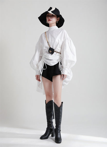 2025 Women Irregular Drawstring Big Size White Blouse New Stand Collar Long Sleeve Shirt Fashion Tide Spring Autumn