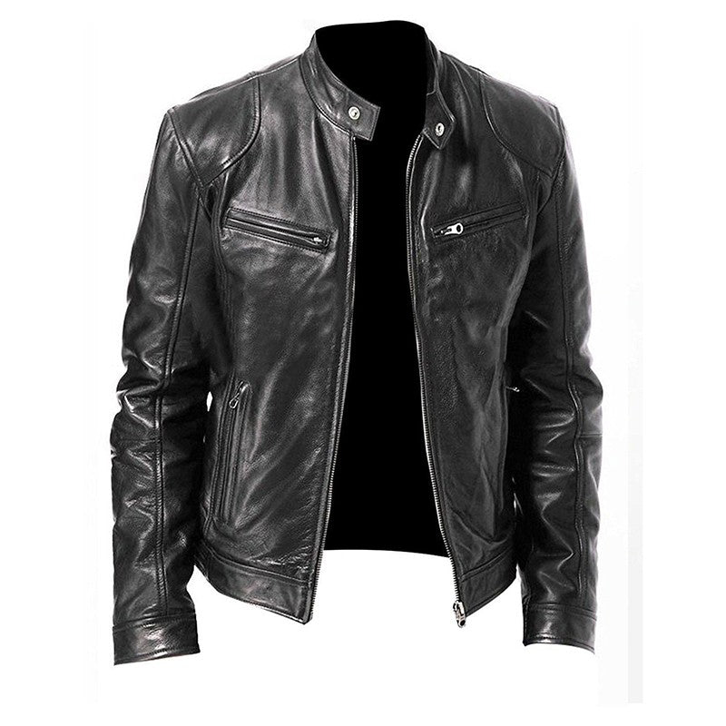 Men' s Retro Leather Jacket Stand Collar Biker Jacket Slim fit Multi-Pocket Coat Autumn Winter Outwear