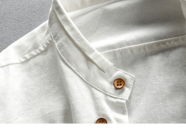 Japan Style Mens Linen Cotton Shirt Harajuku Stand Collar Long Sleeve Slim Fit Solid Color Male Casual Breathable Classical Tops