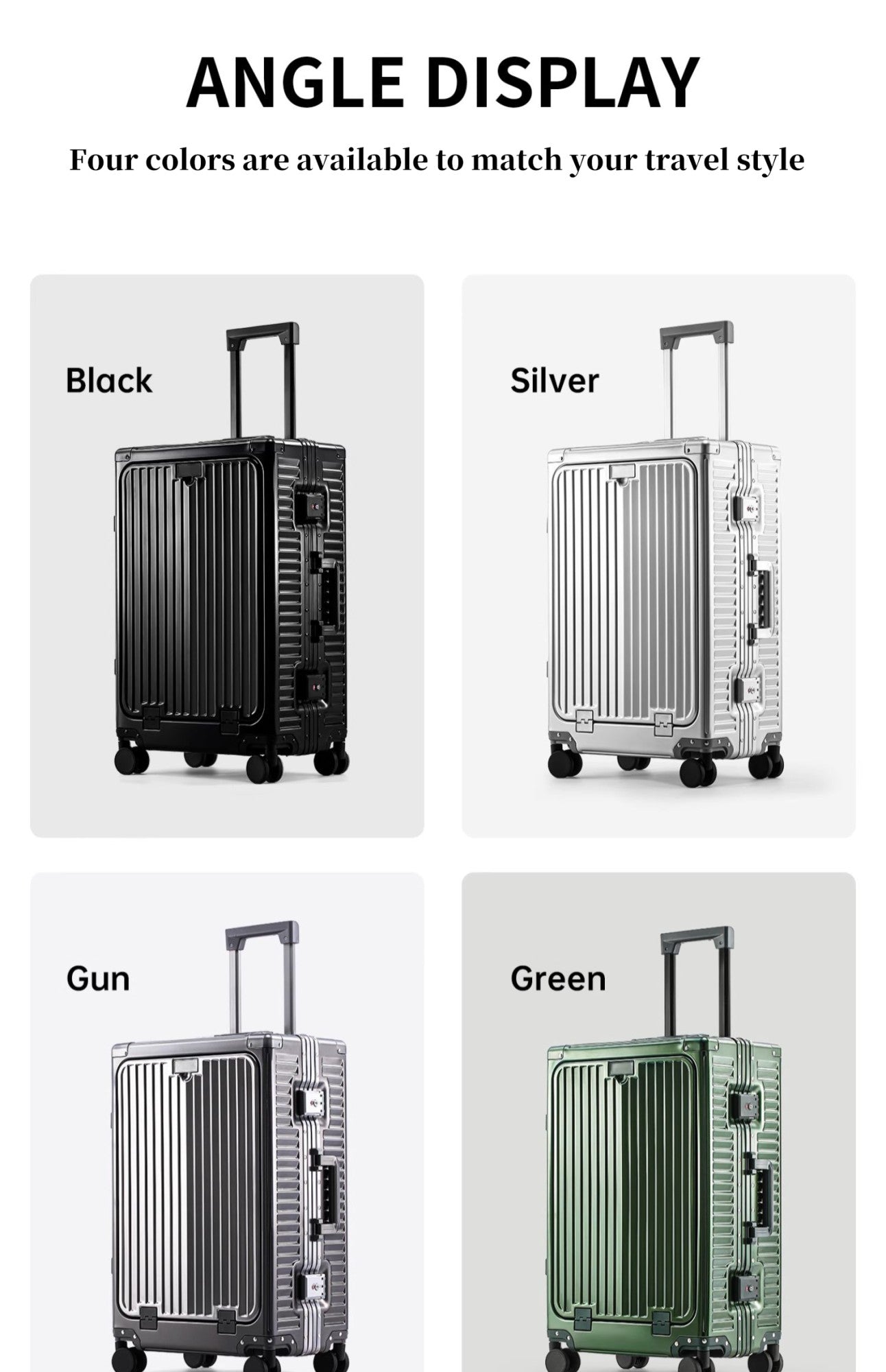 SUSHIMU 20-inch all-aluminum-magnesium alloy luggage with front opening, trolley suitcase, carry-on suitcase, metal travel