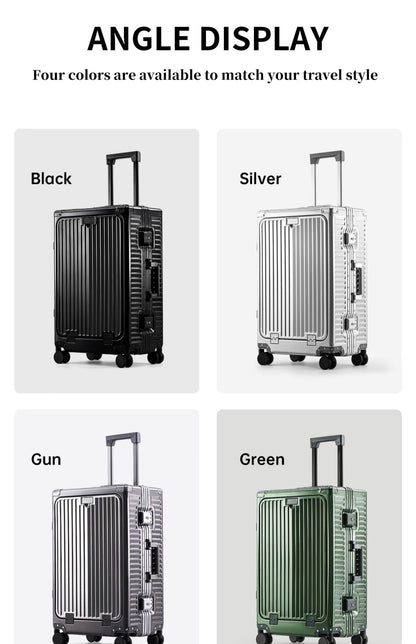 SUSHIMU 20-inch all-aluminum-magnesium alloy luggage with front opening, trolley suitcase, carry-on suitcase, metal travel