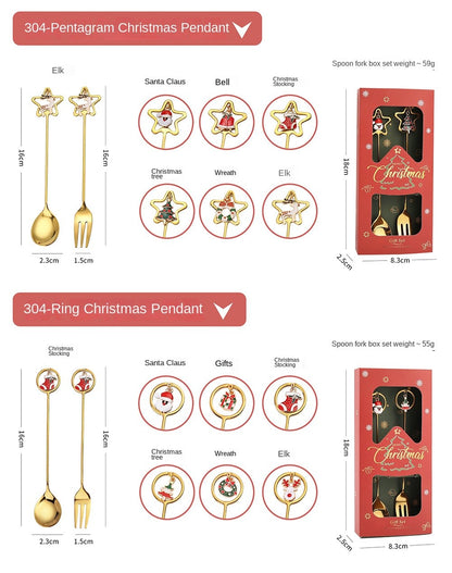Warm Christmas Gift! Creative Santa Doll Dessert Spoon Fork 2-Piece Set Portable Tableware in Gift Box Sweet Surprise Friends