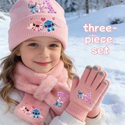 Conjunto 3 Peças Disney Stitch Quente Fofo Menina Crianças Gorro de Malha Cachecol Inverno Acessórios Casuais da Moda Presente Perfeito de Natal e Aniversário