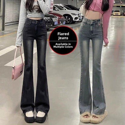 High Waist Fce Lined Thiened Autumn Winter American Bla ey Micro Flared Jeans Women Slimming Legging  Hoof Pants