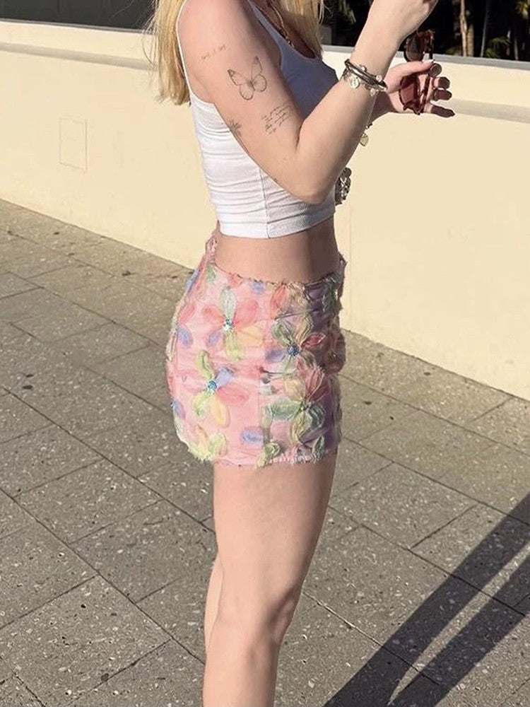 Weird Puss Colorful Flowers Skirts Women Sequins Patchwork Mesh Summer Trend Sweet Street Party Casual Holiday Chic Mini Bottoms