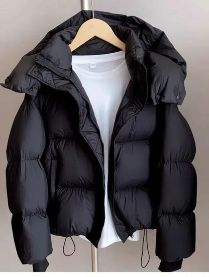 Hooded Cotton Jacket Women 2024 New Thickened Warm Long Sleeved Outwear Winter Korean Loose Solid Color Versatile Short Coat