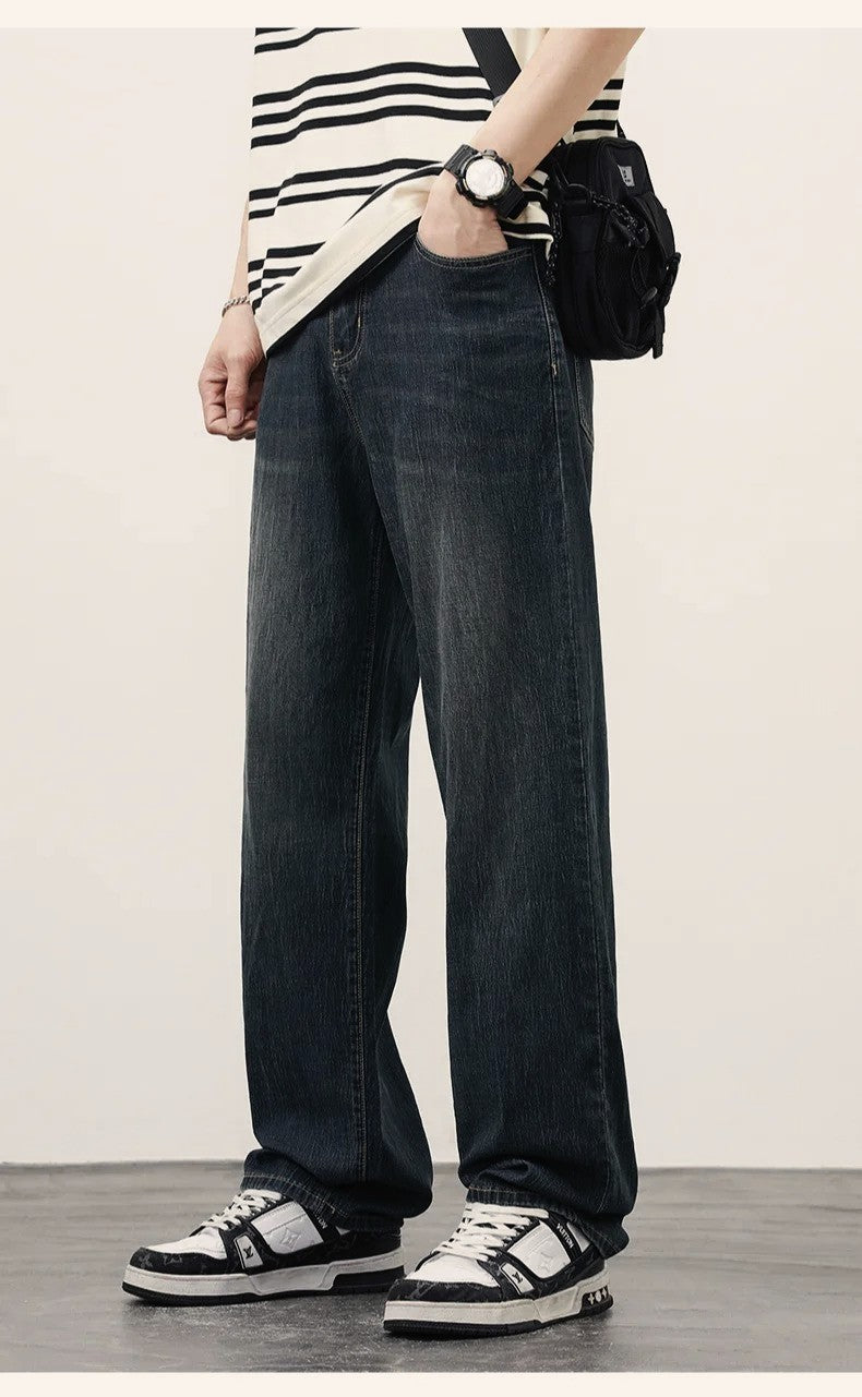 2025 Primavera Outono Novas Calças Jeans Masculinas Retas Vintage Casuais Masculinas de Alta Qualidade Estilo Coreano Baggy Calças Jeans de Perna Larga
