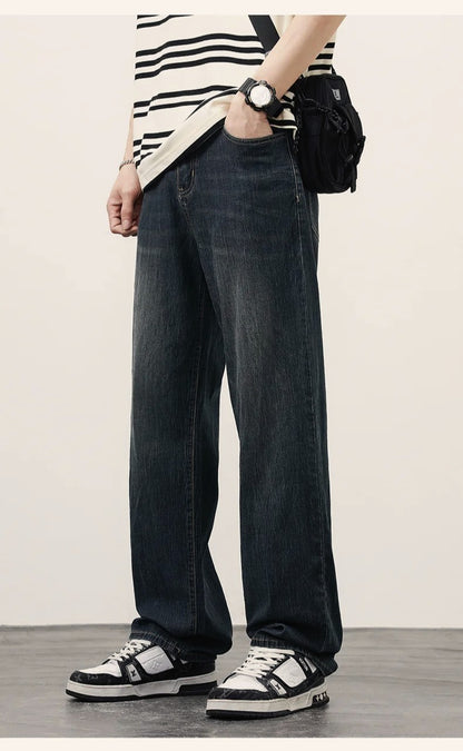 2025 Primavera Outono Novas Calças Jeans Masculinas Retas Vintage Casuais Masculinas de Alta Qualidade Estilo Coreano Baggy Calças Jeans de Perna Larga