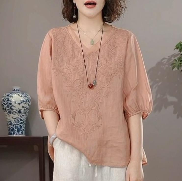 Summer New Literary Vintage Embroidery Cotton Linen Shirt Ladies Half Sleeve Loose Casual Fashion Blouse Women's Clothing Tops
