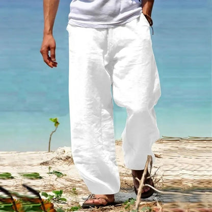Calças Masculinas de Linho e Algodão Perna Reta Respiráveis Leves Estilo Praia Confortáveis Calças Casuais Primavera Verão