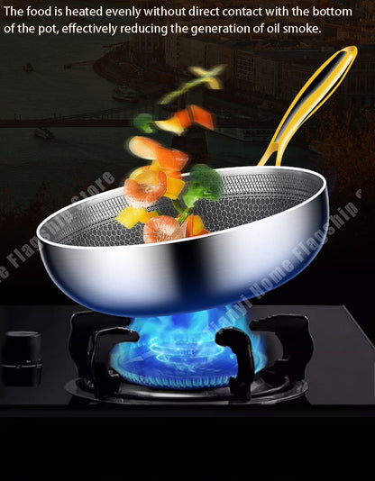 Panela Wok de Aço Inoxidável 316 Antiaderente Favo de Mel para Cozinhar Bife Fogão a Gás Panela de Indução Geral Utensílio de Cozinha