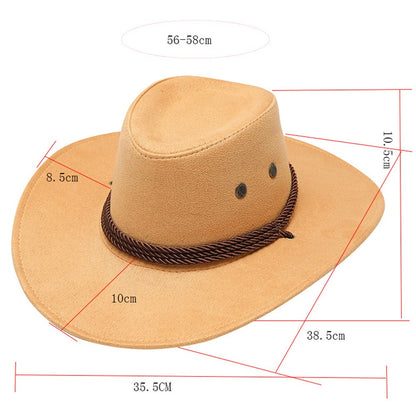 Western Cowboy Hat Retro Sheriff Cap Sunscreen With Wind Rope Hat Men And Women Horseback Riding Tourism Fishing Sunshade Cap