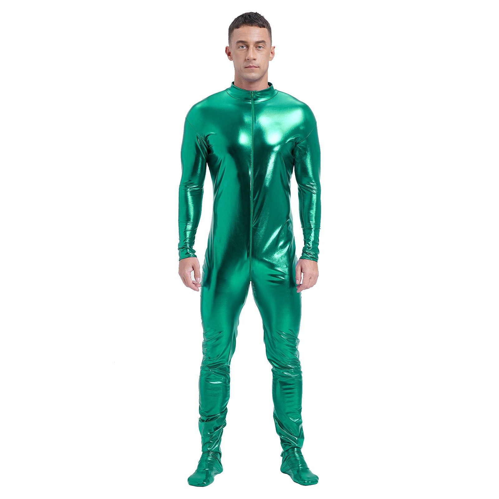 Men's Shiny Metallic Zentai Dress-up Jumpsuit Cosplay Costume Performance Stage Disco Clubwear Full Body Unitard Tights Leotard