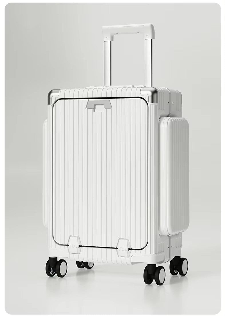 Tri-Zone Access Opening Suitcase Aluminum Frame PC Material Travel Case with Spinner Wheels Cup Holder TSA Lock Rolling Luggage