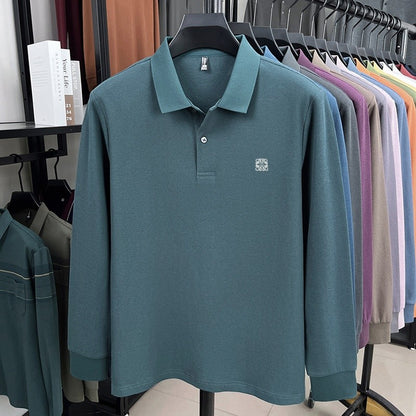 100% pure cotton spring and autumn fashionable men's collar striped long sleeved polo shirt brand embossed casual T-shirt