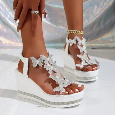 Women High Heel Wedge Sandals Platform Fashionable Butterfly Sandals Decoration Rhinestones Popular Among Toe Shoes for Women