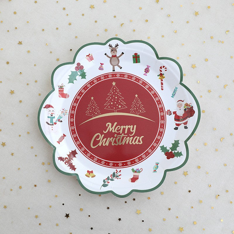 JUSTINLAU Christmas Cutlery Disposable Tableware Set Paper Plates Paper Cups Tissues Tablecloth Dining Plates Christmas Themed