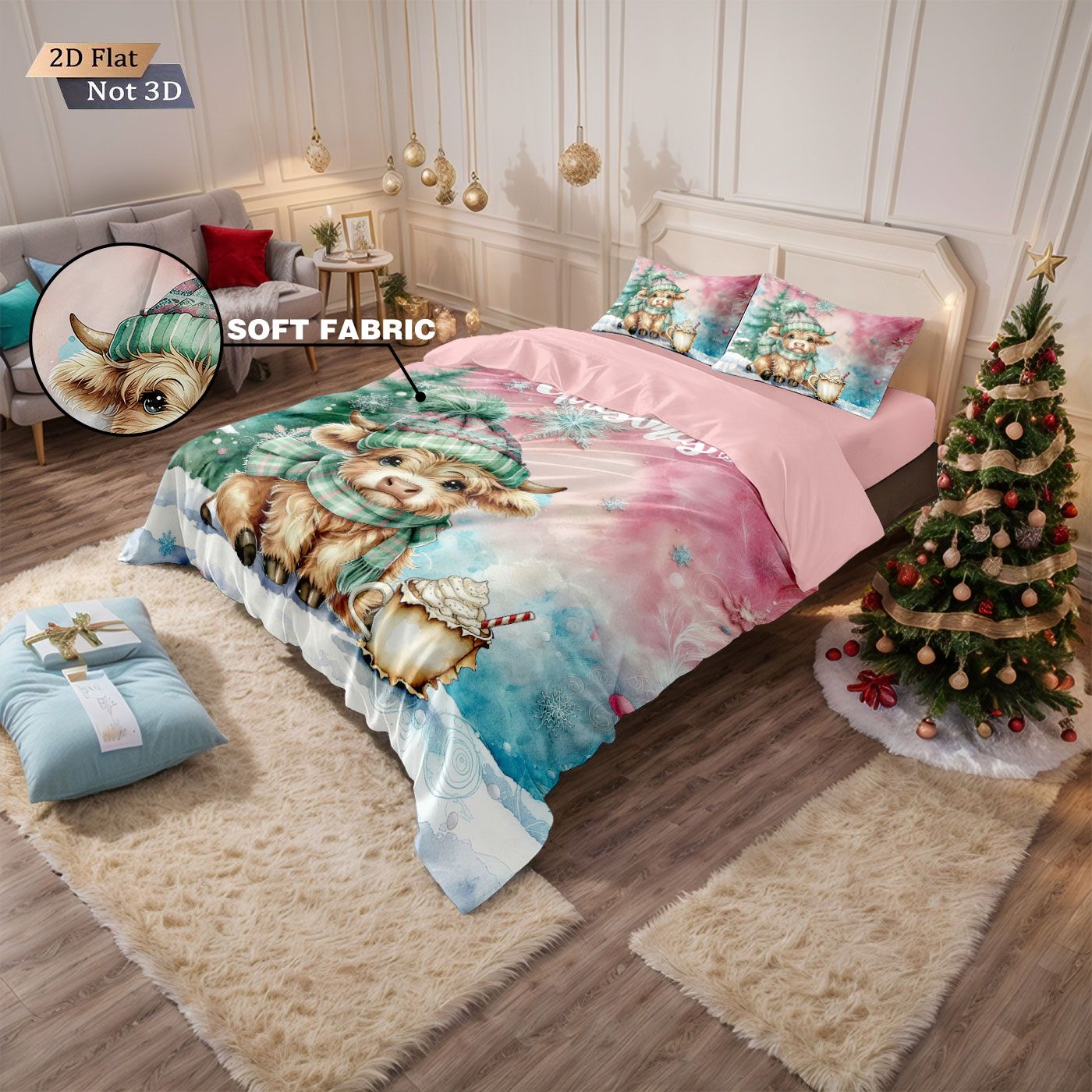 3pcs Christmas Pink Highland Cow Print Coreless Bedding Set Multi Sized Bedding Bedding Decoration Comfortable Machine Washable