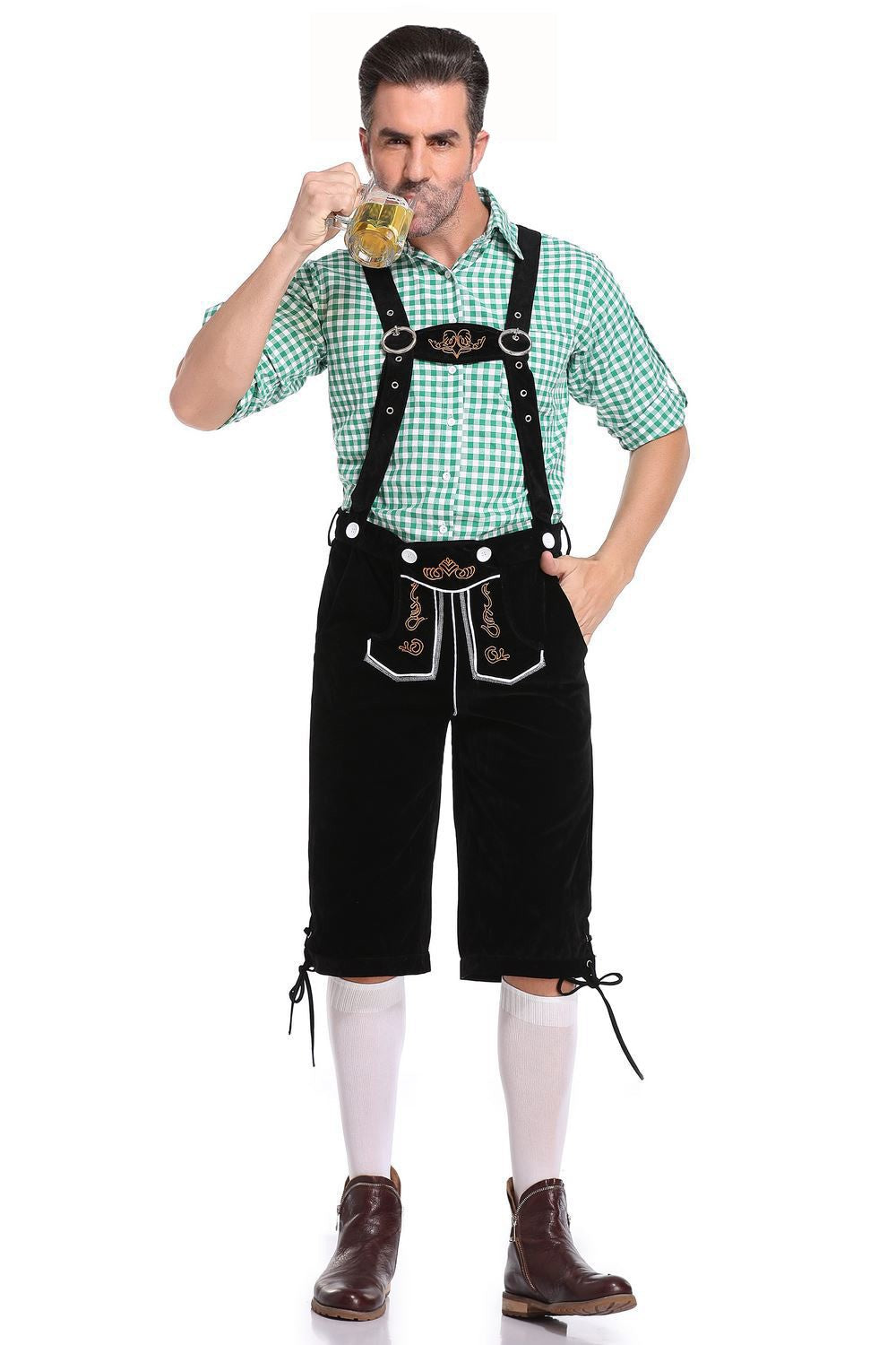 Germany Oktoberfest Costumes Adult Men Traditional Bavarian Beer Shorts Outfit Overalls Shirt Hat Suspenders Set Halloween Cloth