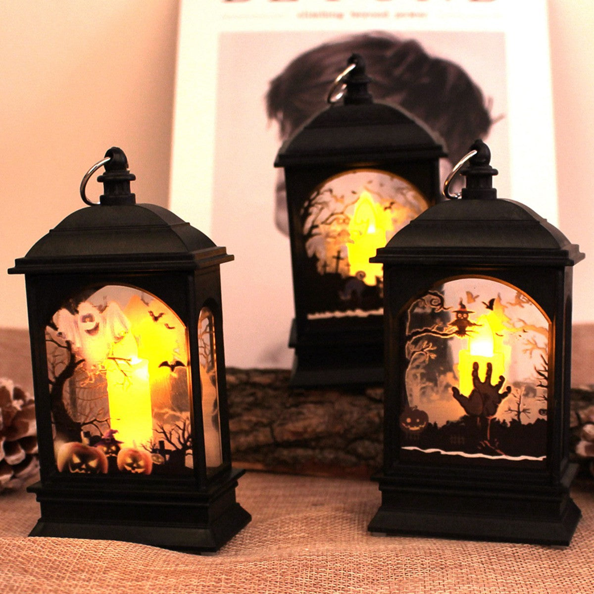 Portable Pumpkin Ghost Castle Lantern Lamp Hanging LED Jack-O-Lanterns Halloween Decoration Party Flame Haunted House Props Gift