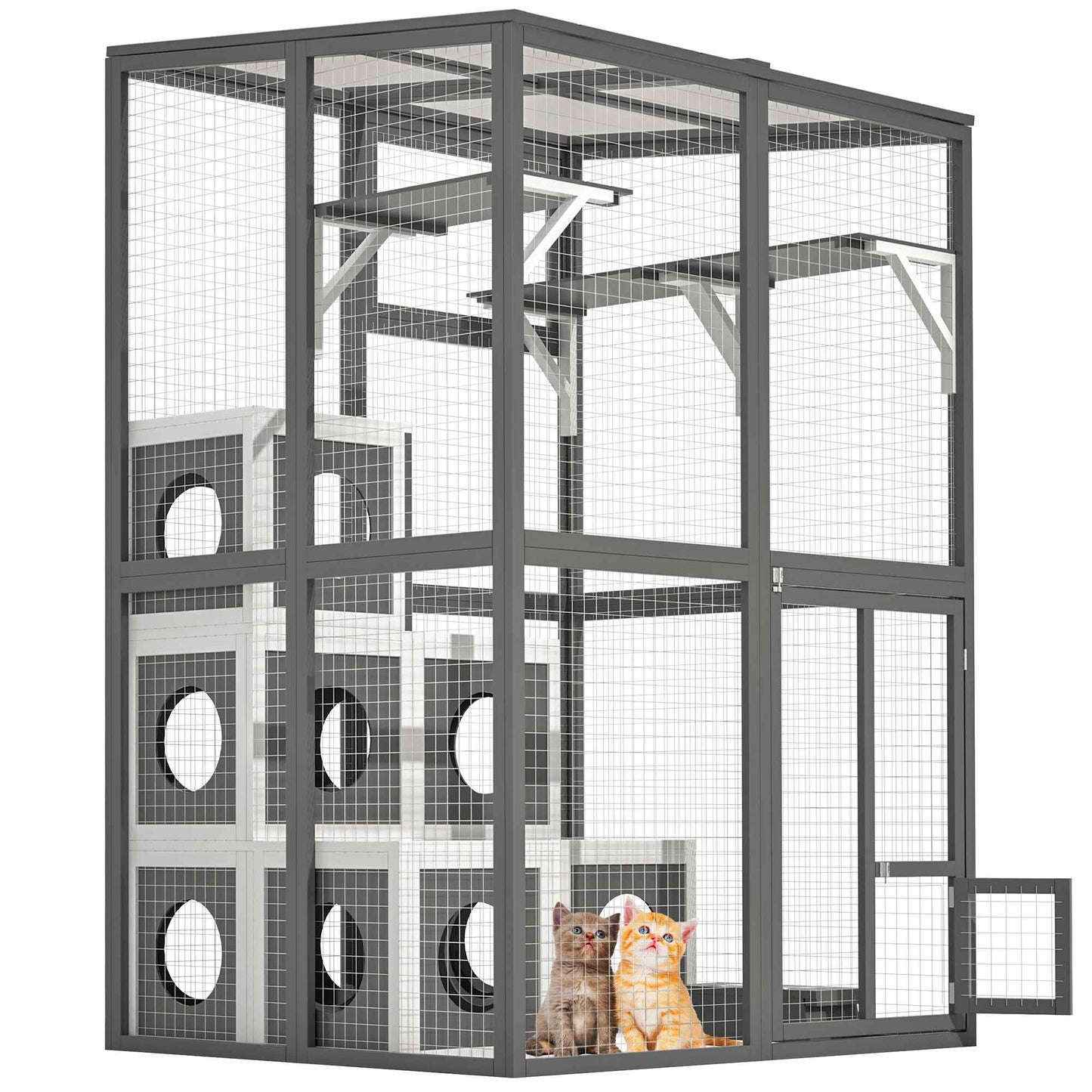 Cercadinho Gatos ao Ar Livre Deluxe - Catio de Madeira Maciça com 2 Plataformas de Salto, 7 Casas Aconchegantes e Acesso Caminhável