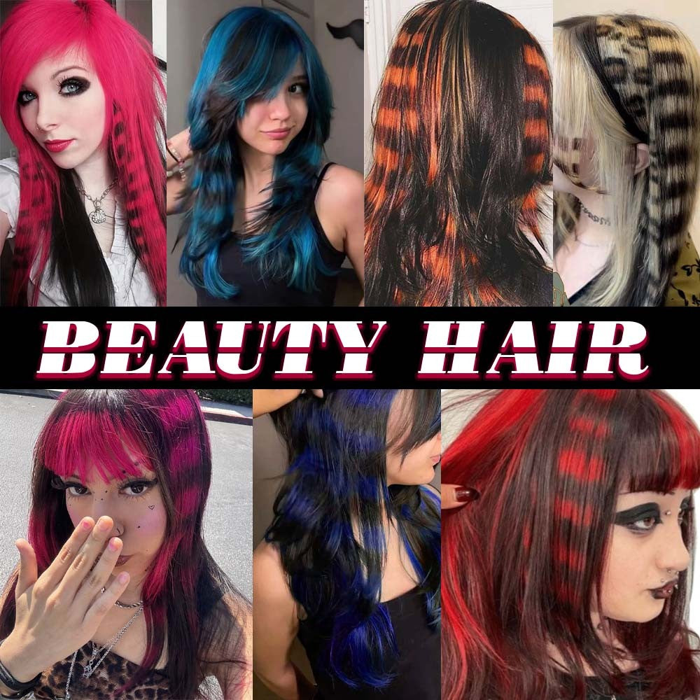 6 pçs/conjunto Listra Impressa Cabelo Colorido Longo Liso Pedaços de Cabelo Sintético com Clipe para Uso Diário Festa Natal