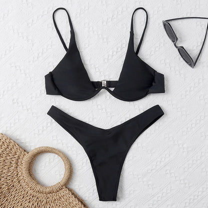 Sexy Underwire Bikini 2025 Mujer Women Solid Red Push Up Bra Thong Swimsuit Haler V Neck Bathing Suit Mini Micro Thong Swimwear