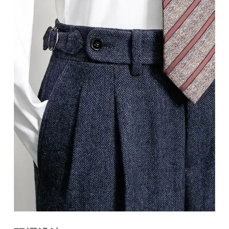 2024 Men's Autumn Winter Fashion High Waist Wool Trousers Male Tweed Casual Pockets Pants Men Long Straight Suit Pants F394