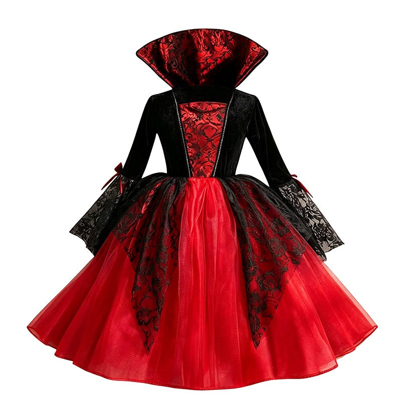 Kids Girls Cosplay Gothic Dark Ghost Bride Witch Vampire Halloween Costume Red Black Tutu Dress Wig Veil Kits Trick or Treat