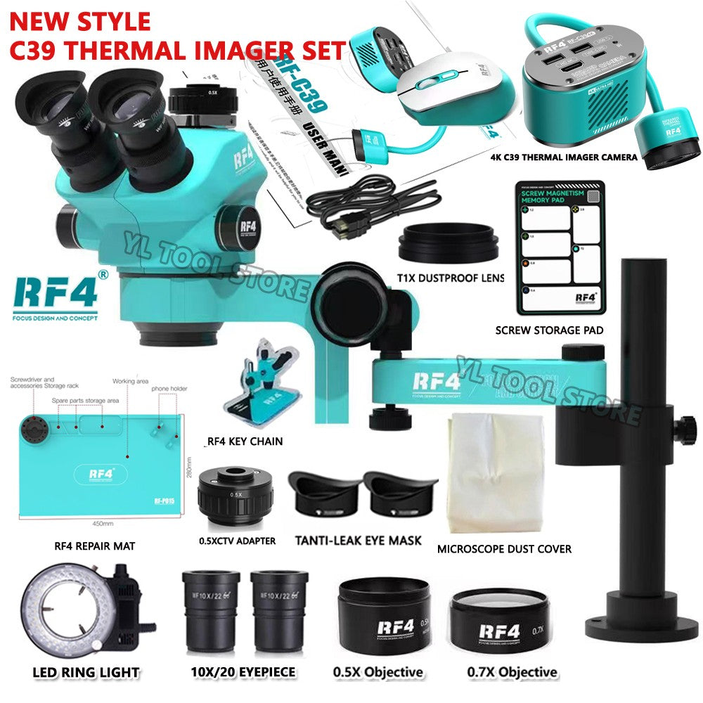 Microscópio Trinocular Estéreo RF4 360° com Braço Articulado para Reparo de Placas PCB de Celulares e Câmera Termográfica 4K C39