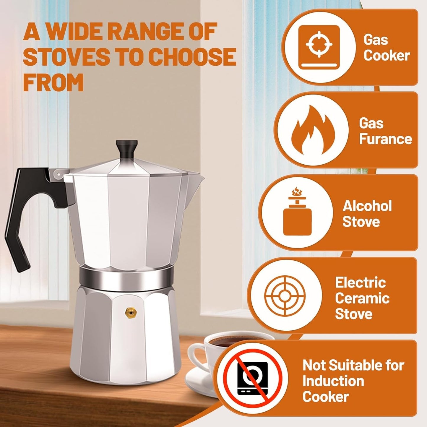 Aluminum Espresso Stovetop Perfect for Home Mocha & Tea Brewing, Elegant Design for Coffee Enthusiasts, Manual Espresso Maker