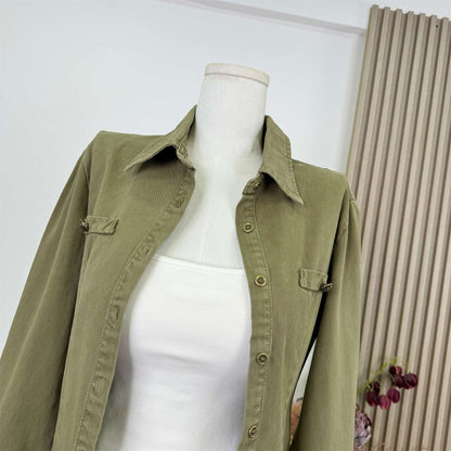 Vintage Distressed Denim Shirt Women's Top Shoulder Flip Collar Long Sleeve V-neck Coat Autumn Initial Old Money Style