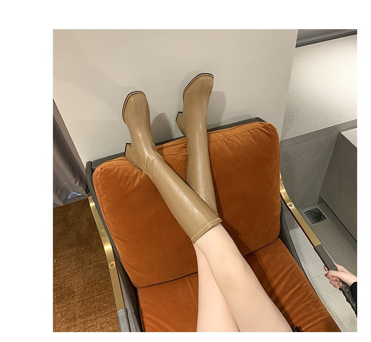 Women Black High Heel Long Boots Fashion Spring Autumn Warm Knee High Boots Soft Leather Thigh High Boots Shoes Zipper