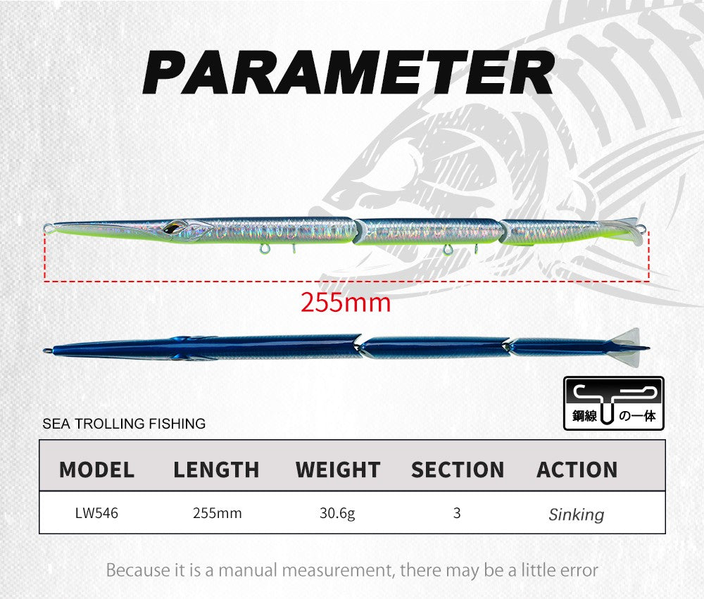 Isca Artificial Hunthouse Articulada Lápis 3 Seções 255mm/30.6g Agulha Sinking Swimbait para Anchova Robalo Material de Pesca