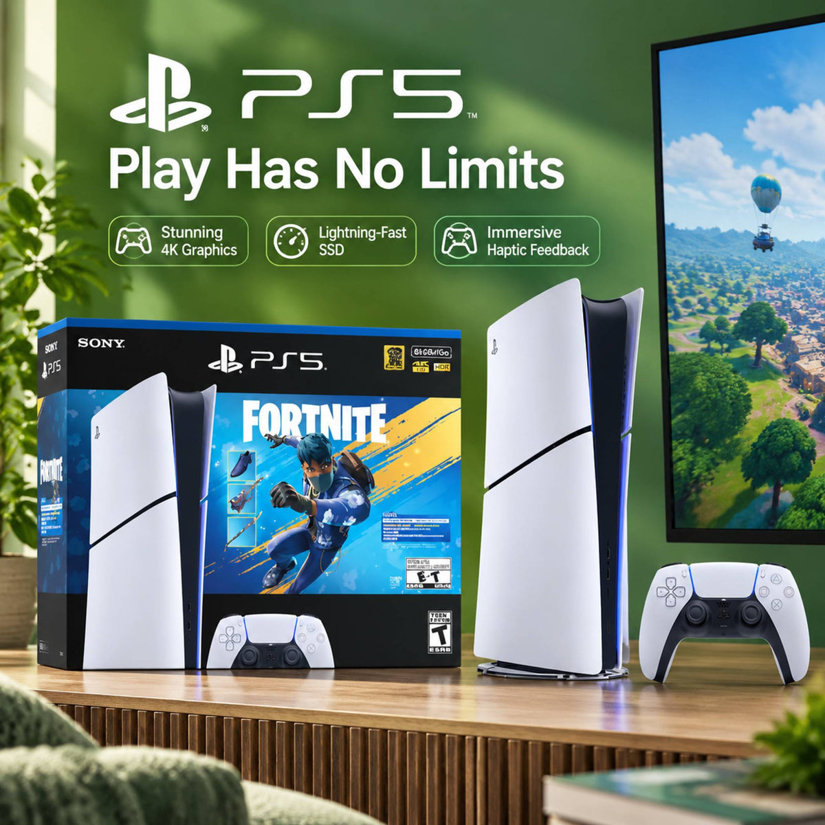 PlayStation 5 System - Featuring Fortnite Flowering Chaos Bundle, Home Video Game Console with Digital Entertainment Experience