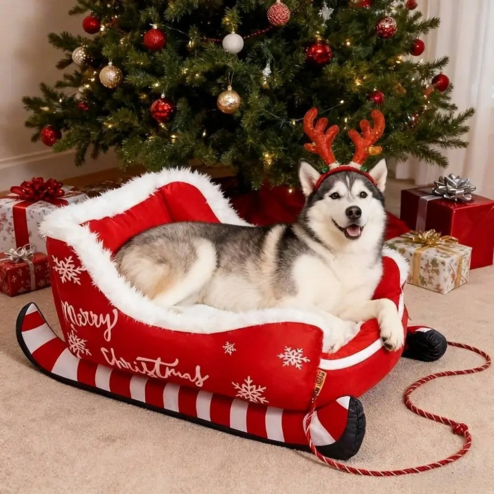 Cama Trenó de Natal Sofá Quente para Animais de Estimação de Pelúcia Removível e Lavável com Base Antiderrapante Ninho de Gato e Cachorro de Natal para Inverno Interno e Externo