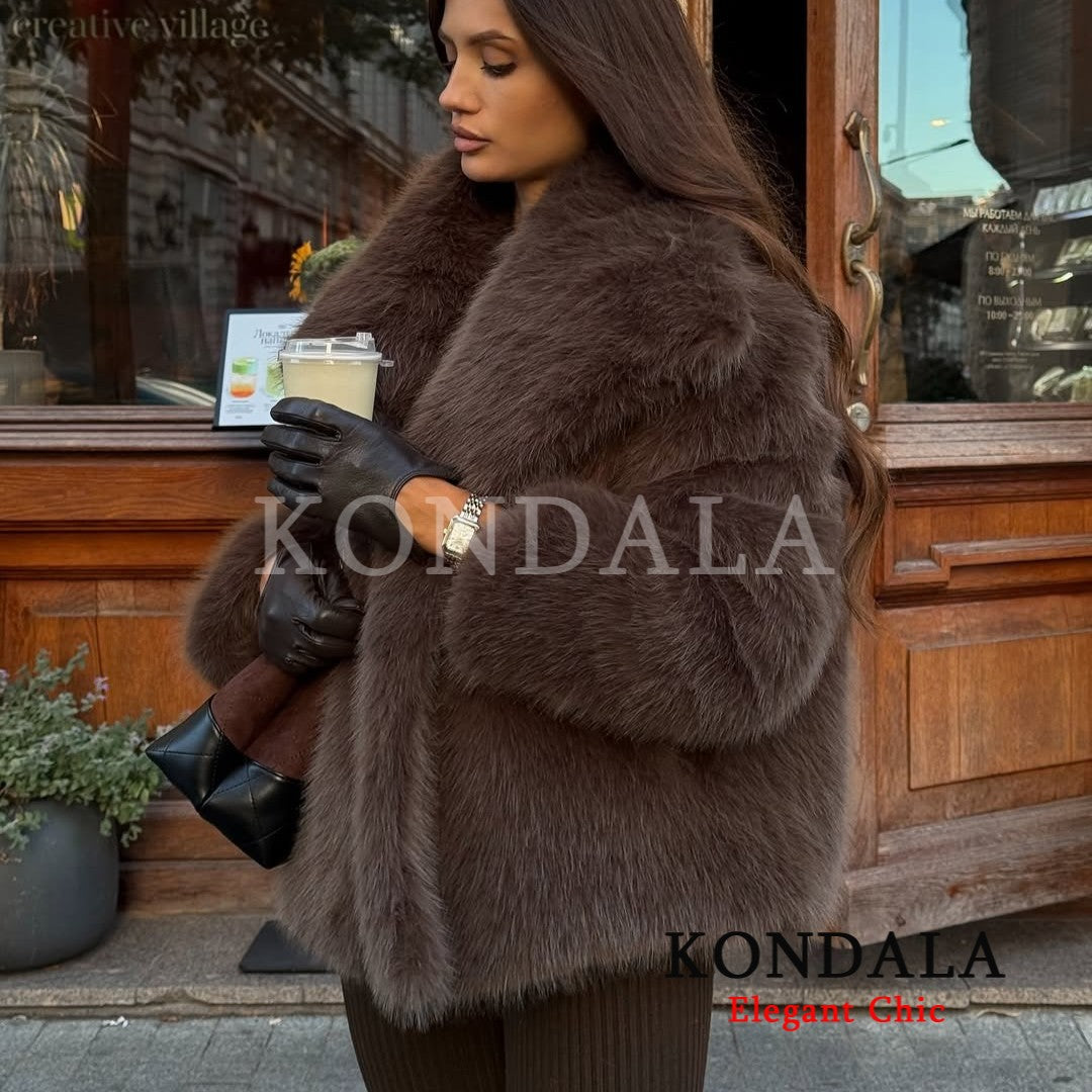 KONDALA Women Brown Faux Fur Jacket Fall Winter Jacket Lapel Loose Jacket 2025 Fashion High Street Elegant Female Jacket Coat