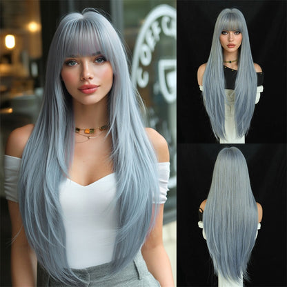 Peruca feminina dourada e branca, moderna com cabelo liso ultralongo, peruca preta completa, com franja e cobertura total da cabeça,