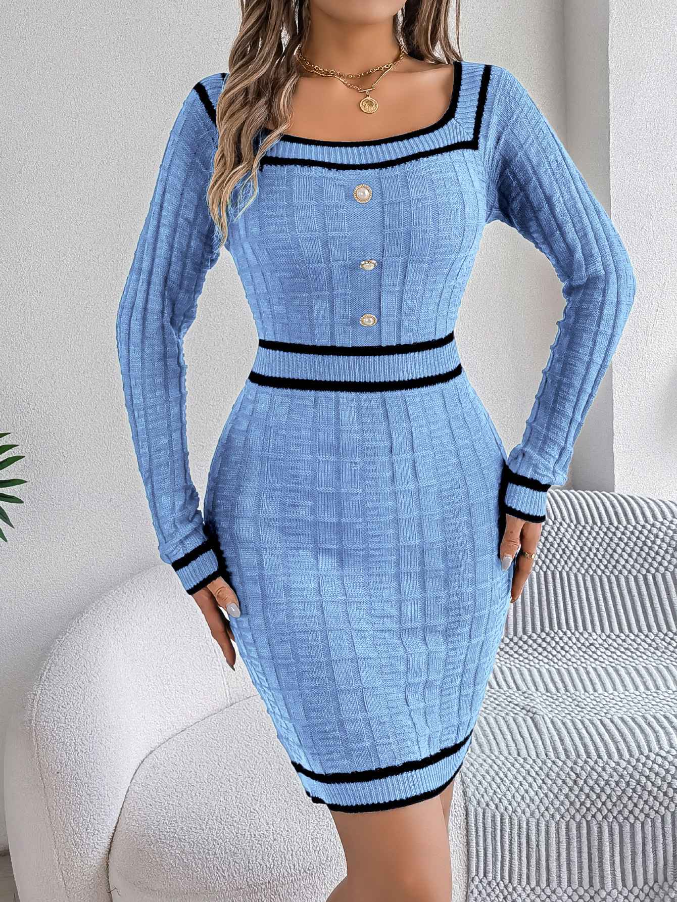 VigoCasey 2025 Women Blue Bodycon Knit Dress Autumn Winter Casual Long Sleeve Dress Lady Casual Square Neck Knitted Dresses