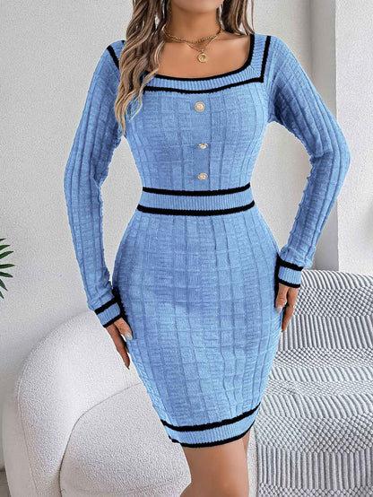 VigoCasey 2025 Women Blue Bodycon Knit Dress Autumn Winter Casual Long Sleeve Dress Lady Casual Square Neck Knitted Dresses