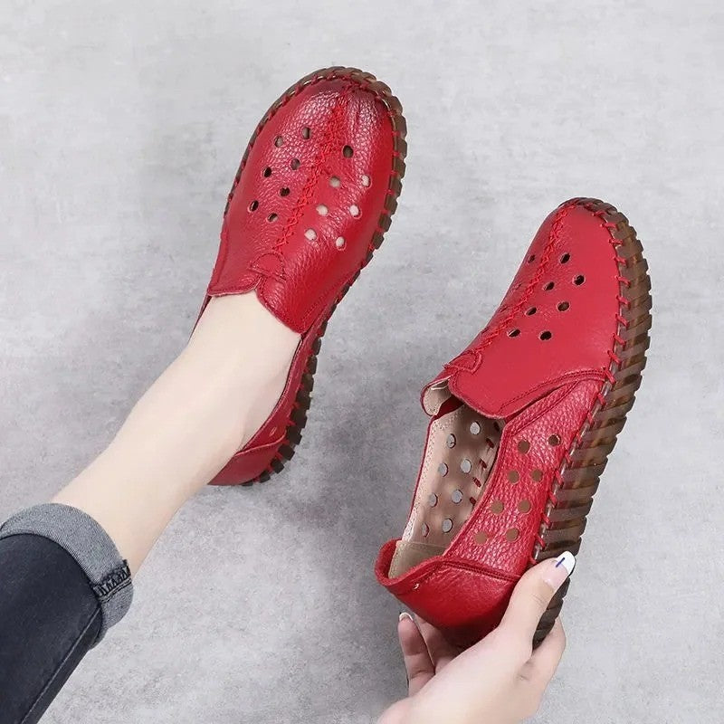 Vintage Plain Oxfords Shoes Women's Genuine Leather Flats Ladies Laced Up Moccasins Elderly Woman Square Toe Driving Loaferss