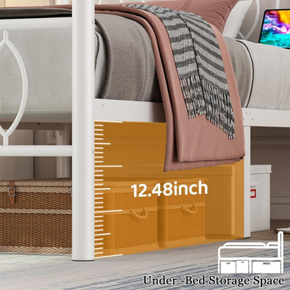Estrutura de Cama de Plataforma de Metal Branco Tamanho Twin com Cabeceira, Estação de Carregamento, Luzes LED e Armazenamento de 30 cm Debaixo da Cama