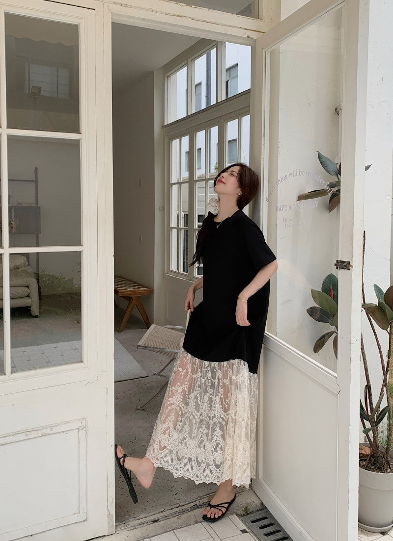 NYFS plus Size Women's Lave Patchwork Dress Summer 2025 Loose Long Dresses Robe Elbise Short Sleeve Korean Style Floral Hem