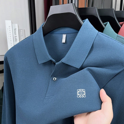 100% pure cotton spring and autumn fashionable men's collar striped long sleeved polo shirt brand embossed casual T-shirt