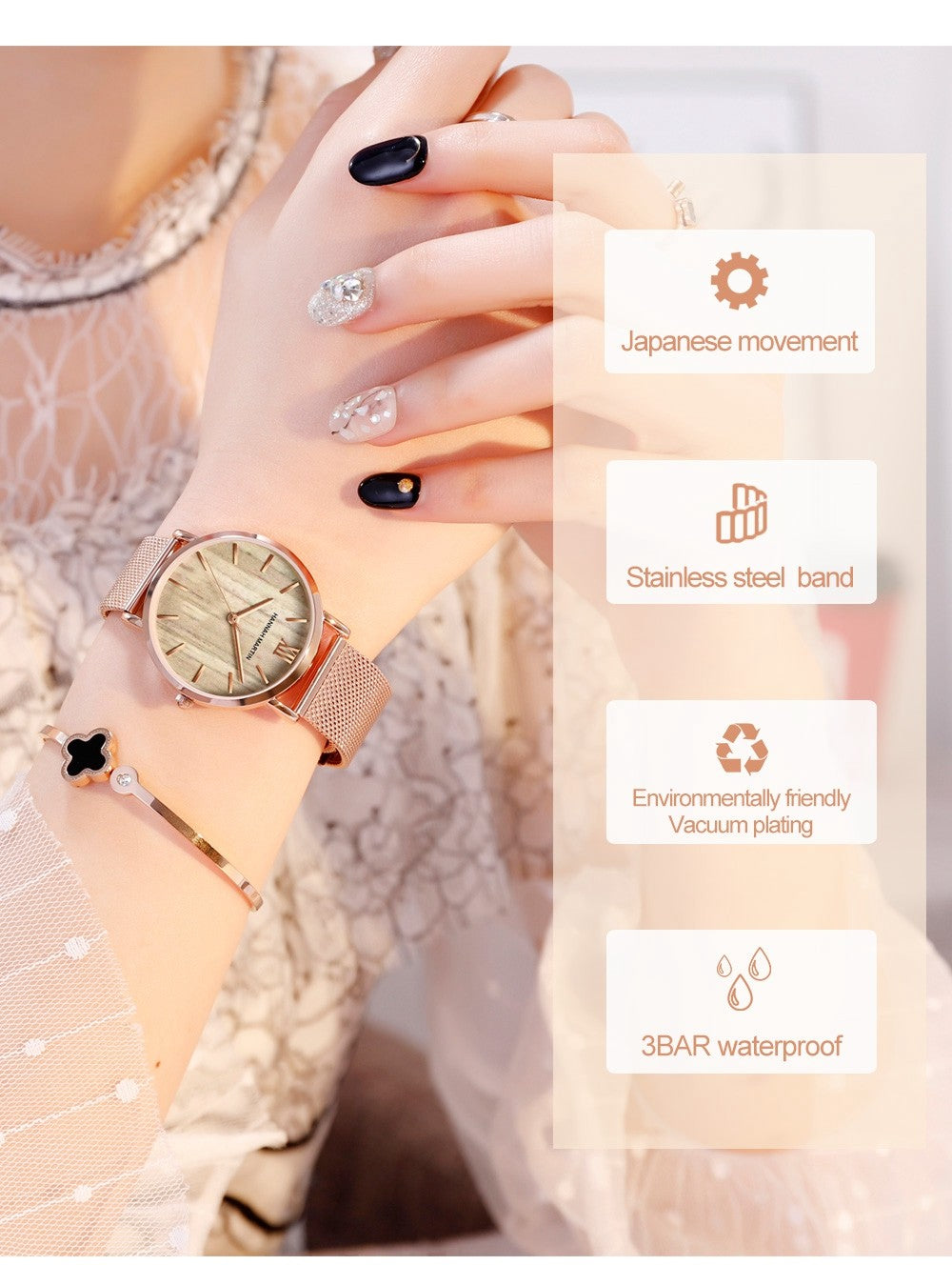 HANNAH MARTIN Brand Quality Stainless Steel Japan Quartz Movement Waterproof Women 36mm Full Rose Gold Ladies Dropshipping Watch