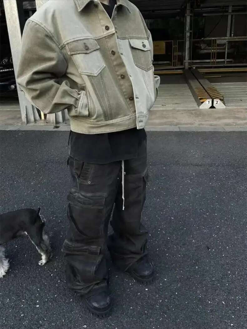 PFNW High Street Drawstring Zipper Sliced Wide Leg Cargo Pants Msn's Casual Loose Straight Trousers Loose Denim Pants 28W5963