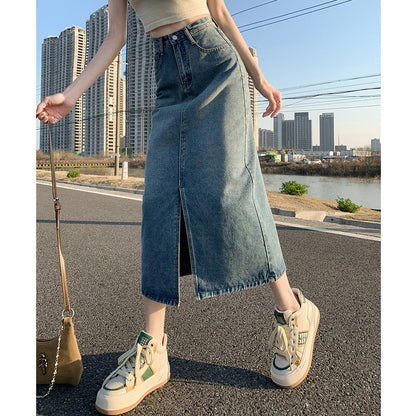 Summer Women High-waist Retro A- line Skirt Pockets Front Slit Washed Blue Denim Skirts Hip-covering Straight Long Jeans Skirt