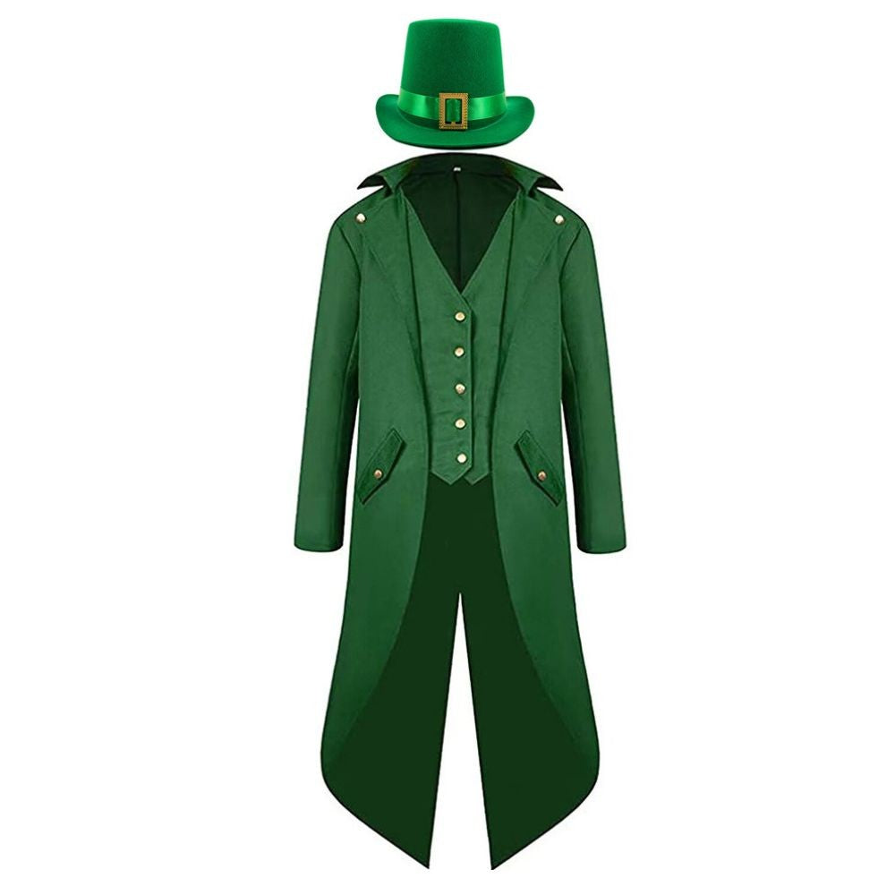 St Patrick's Day Costume for Men Steampunk Retro Cosplay Jacket Coat Hat Men Male Disguise Outfits Halloween Carnival Party Suit